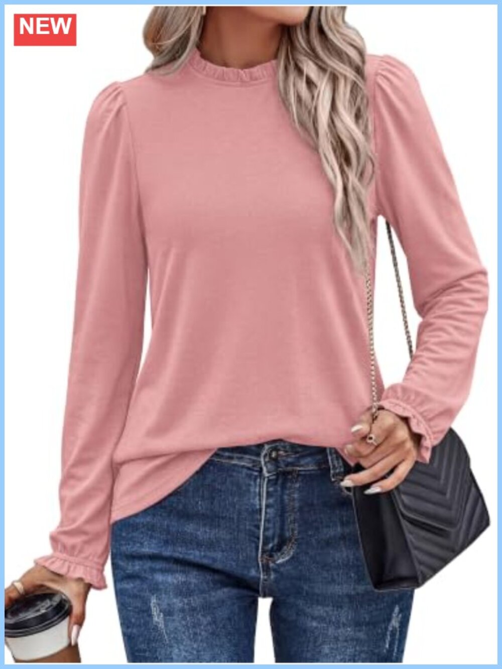 Knit Long Sleeve Ruched Blouse Ruffle Mock Neck Work Top